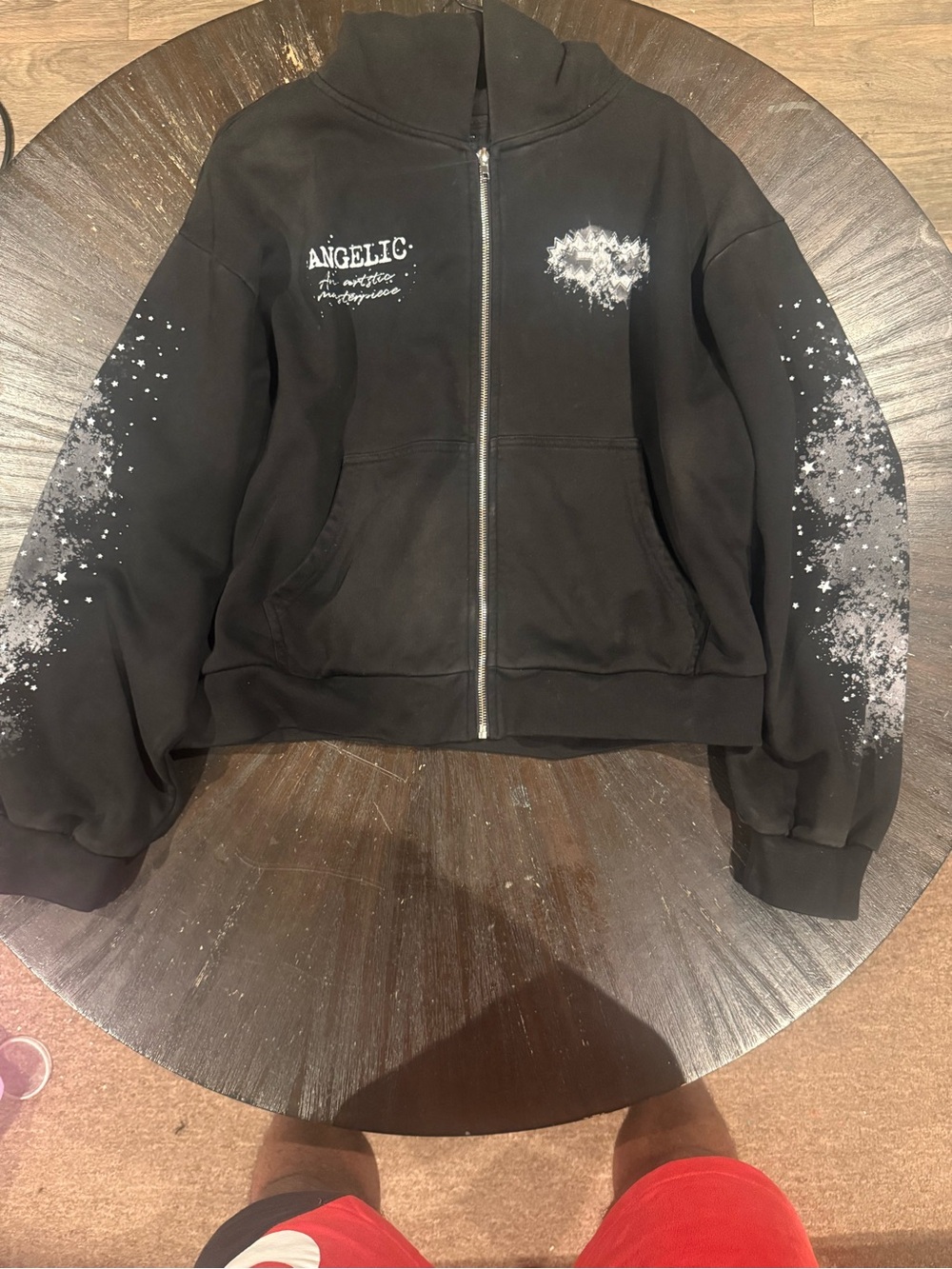 Angelic Graphic Zip-Up Hoodie - Black with White Splatter